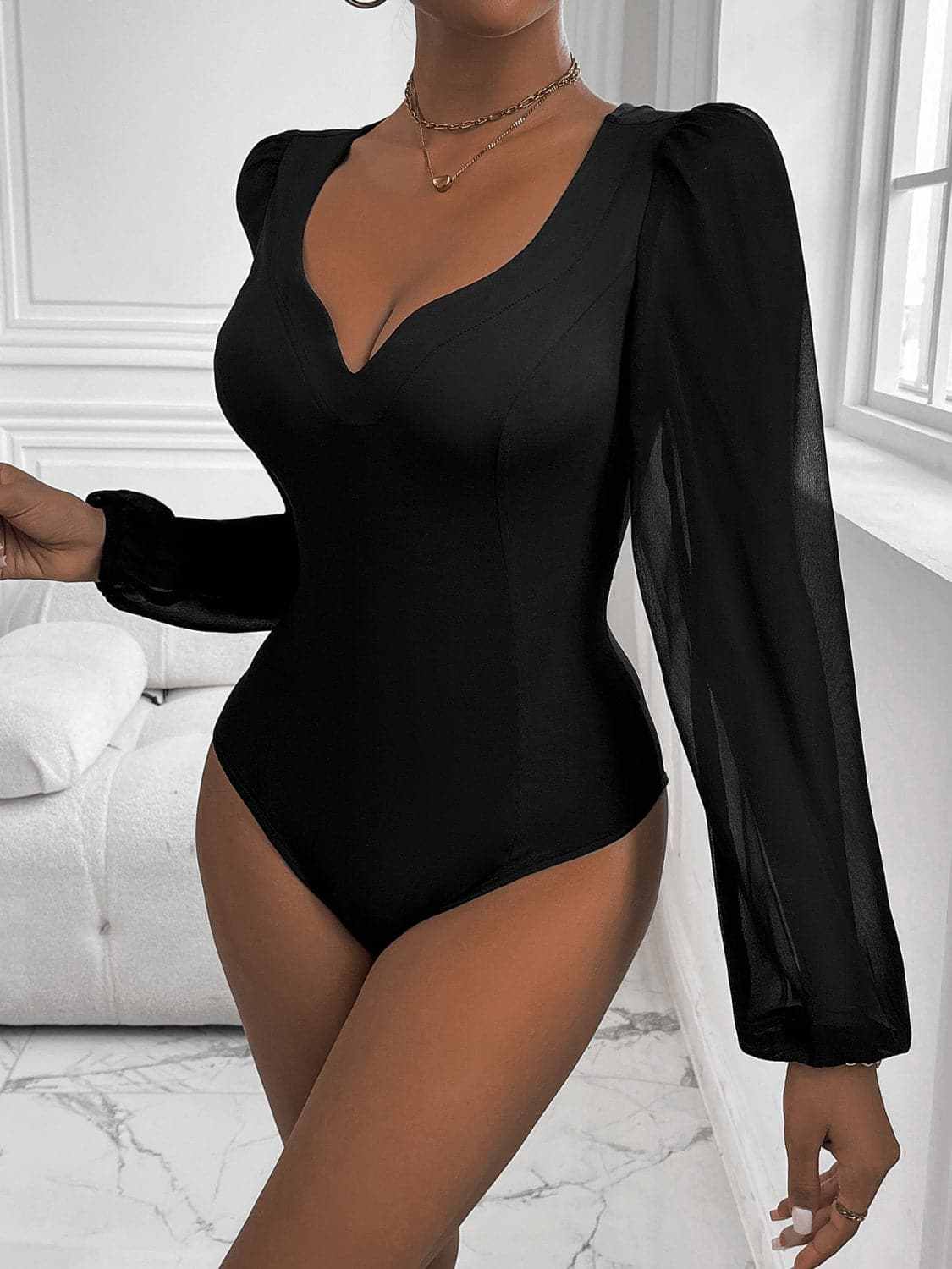 Chic long sleeve bodysuit - sheer, stretchy - Love Salve